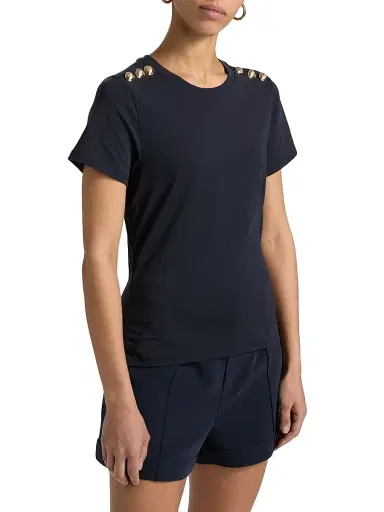 Cinq à Sept Women's Jasper Button-Shoulder Stretch-Cotton T-Shirt - Navy - Size Medium | Thumbnail 4