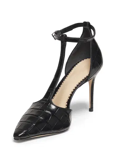 Cinq à Sept Women's Clara Croco 5MM Leather T-Strap Pumps - Black | Thumbnail 2