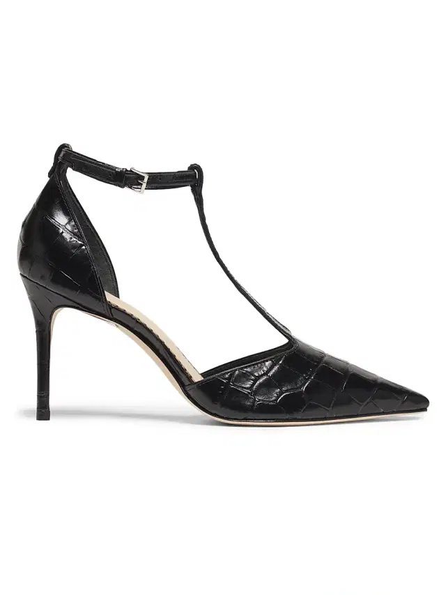 Cinq à Sept Women's Clara Croco 5MM Leather T-Strap Pumps - Black