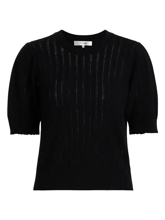 FRAME Women's Ladder Pointelle Cashmere Short-Sleeve Sweater - Black