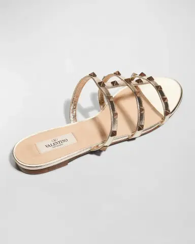 Valentino Garavani Rockstud Metallic City Flat Slide Sandals | Thumbnail 3