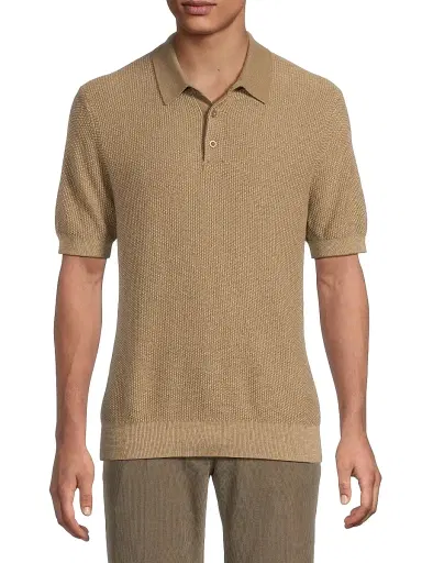 Vince Men's Textured Wool-Cotton-Blend Jacquard Polo Shirt - Teton River Sand - Size XXL | Thumbnail 3