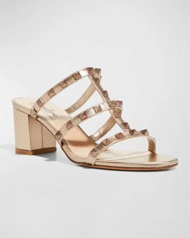 Valentino Garavani Rockstud Caged Metallic Leather Slide Sandals | Thumbnail 2 Valentino Garavani Rockstud Caged Metallic Leather Slide Sandals | Thumbnail 2