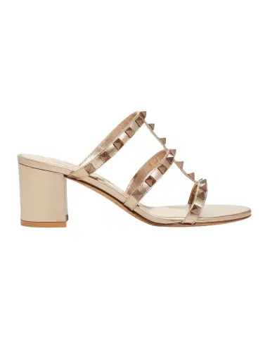 Valentino Garavani Rockstud Caged Metallic Leather Slide Sandals | Thumbnail 1 Valentino Garavani Rockstud Caged Metallic Leather Slide Sandals | Thumbnail 1