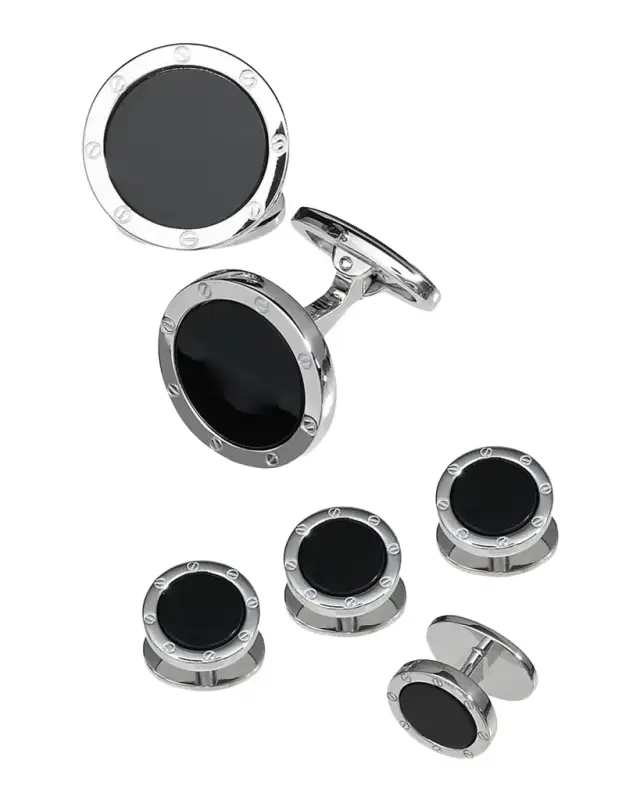 Round Onyx Cuff Link and Stud Set