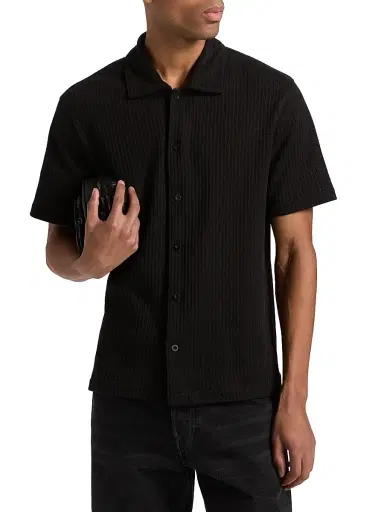 Vince Men's Pointelle Cotton-Blend Short-Sleeve Shirt - Black - Size XXL | Thumbnail 3