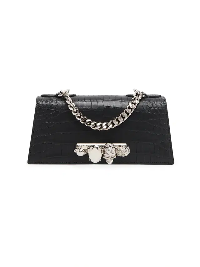 McQueen Women's Mini Jewelled Croc-Embossed Leather Shoulder Bag - Black