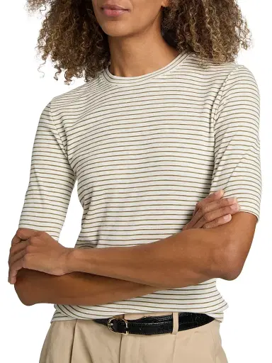 Vince Women's Striped Cotton-Blend Crewneck T-Shirt - Tapenade Combo - Size XXS | Thumbnail 6