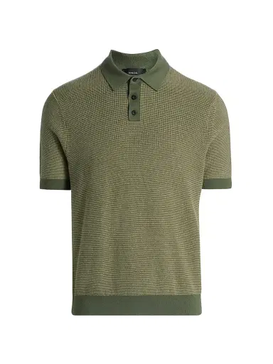 Vince Men's Colorblocked Feed-Stripe Cotton-Cashmere Polo Shirt - Coulter Green Desert Brush - Size XXL | Thumbnail 1 Vince Men's Colorblocked Feed-Stripe Cotton-Cashmere Polo Shirt - Coulter Green Desert Brush - Size XXL | Thumbnail 1
