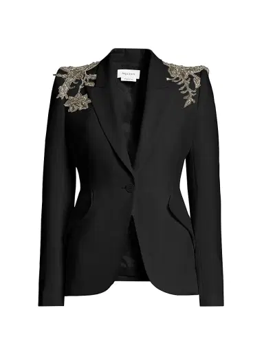Alexander McQueen Women's Shoulder-Embellished Peak Lapel Jacket - Black - Size 10 | Thumbnail 1 Alexander McQueen Women's Shoulder-Embellished Peak Lapel Jacket - Black - Size 10 | Thumbnail 1
