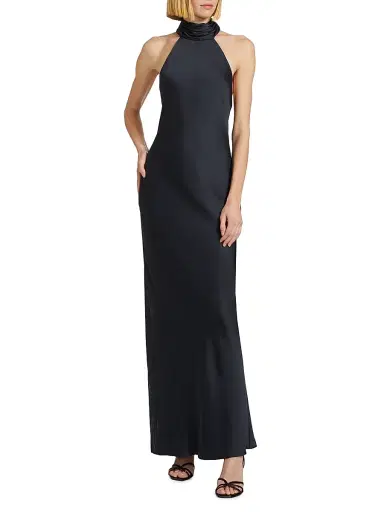 Ramy Brook Women's Tatiana High-Neck Satin Gown - Navy - Size 16 | Thumbnail 2