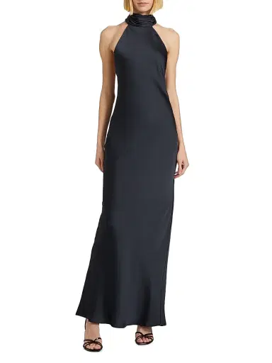 Ramy Brook Women's Tatiana High-Neck Satin Gown - Navy - Size 16 | Thumbnail 3