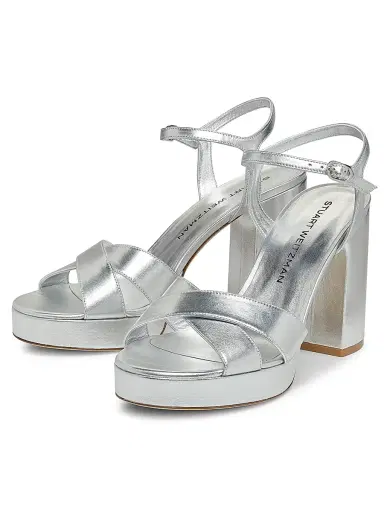 Stuart Weitzman Women's Dayna 100MM Metallic Leather Platform Sandals - Silver | Thumbnail 2
