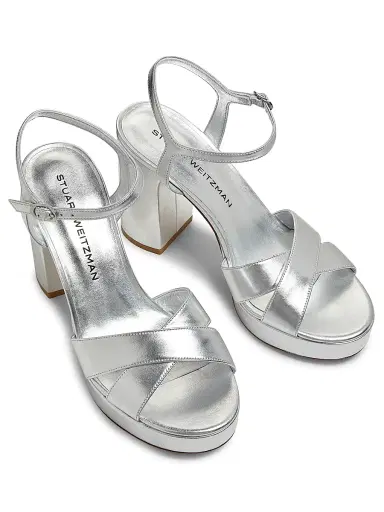 Stuart Weitzman Women's Dayna 100MM Metallic Leather Platform Sandals - Silver | Thumbnail 4