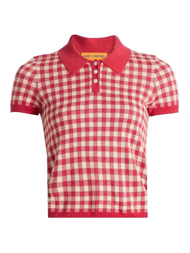 Guest in Residence Women's Gingham Silk-Linen Shrunken Polo Shirt - Scarlet Mist