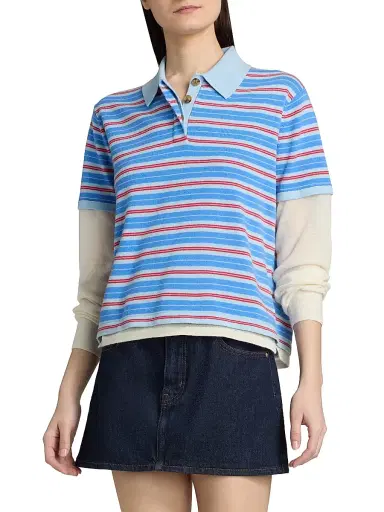 Guest In Residence Women's Striped Cashmere Layered Rugby Top - Clear Sky Combo - Size Small | Thumbnail 3 Guest In Residence Women's Striped Cashmere Layered Rugby Top - Clear Sky Combo - Size Small | Thumbnail 3