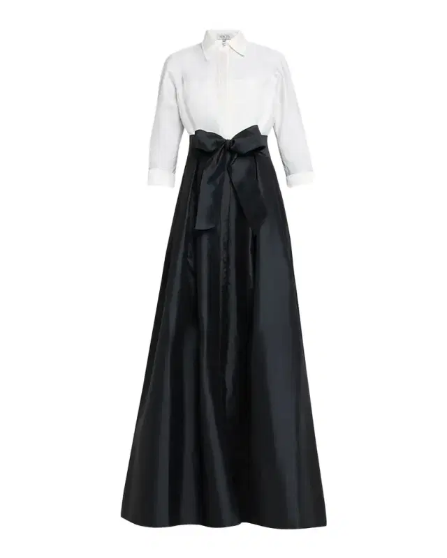 Rickie Freeman for Teri Jon Two-Tone 3/4-Sleeve Taffeta Shirtdress Gown