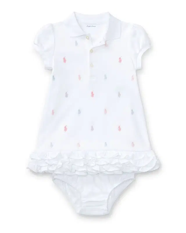 Polo Ralph Lauren Logo Embroidery Ruffle Hem Polo Dress With Bloomers, Size 6M-24M