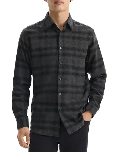 Theory Men's Irving Shadow Plaid Flannel Shirt - Hunter Green Melange - Size Small | Thumbnail 3