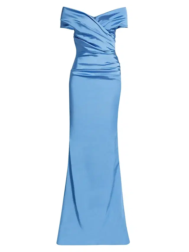 Teri Jon by Rickie Freeman Women's Off-The-Shoulder Ruched Satin Gown - Periwinkle