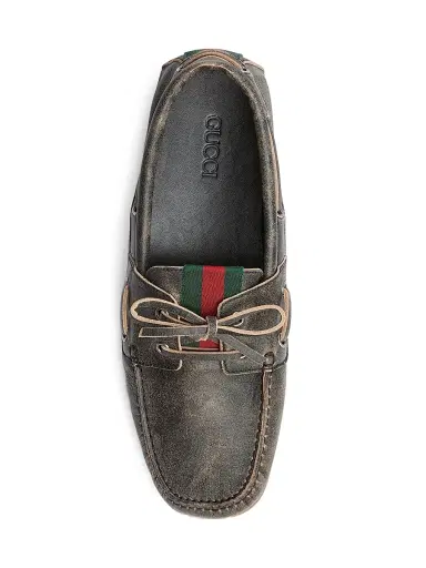 Gucci Men's Web Distressed Leather Boat Shoes | Thumbnail 4 Gucci Men's Web Distressed Leather Boat Shoes | Thumbnail 4