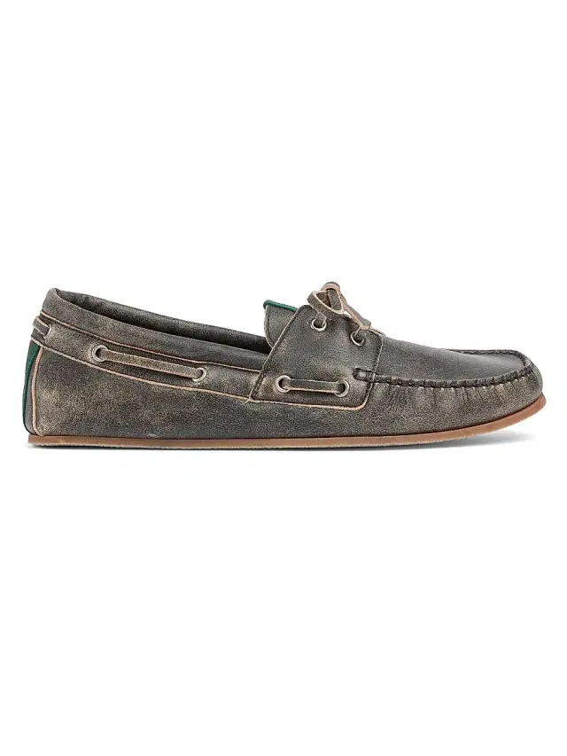 Gucci Men's Web Distressed Leather Boat Shoes - Black