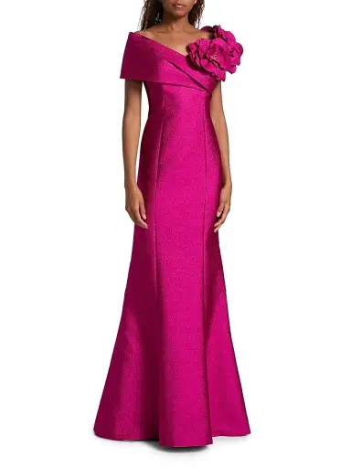 Teri Jon by Rickie Freeman Women's Flower Off-Shoulder Jacquard Gown - Berry - Size 10 | Thumbnail 2 Teri Jon by Rickie Freeman Women's Flower Off-Shoulder Jacquard Gown - Berry - Size 10 | Thumbnail 2