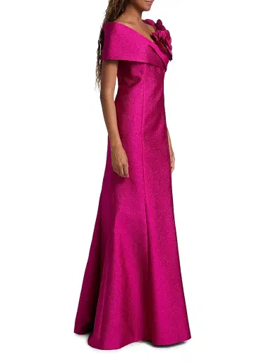 Teri Jon by Rickie Freeman Women's Flower Off-Shoulder Jacquard Gown - Berry - Size 10 | Thumbnail 4 Teri Jon by Rickie Freeman Women's Flower Off-Shoulder Jacquard Gown - Berry - Size 10 | Thumbnail 4