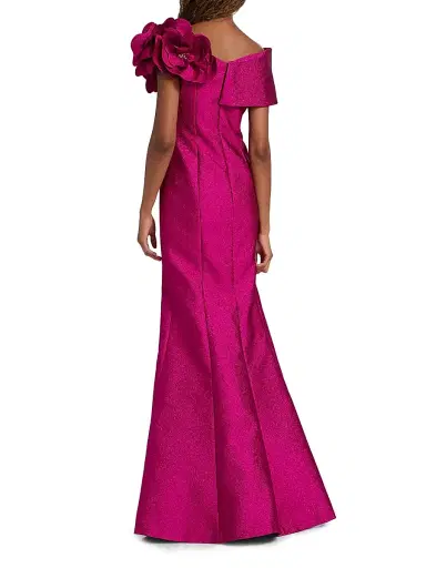 Teri Jon by Rickie Freeman Women's Flower Off-Shoulder Jacquard Gown - Berry - Size 10 | Thumbnail 5 Teri Jon by Rickie Freeman Women's Flower Off-Shoulder Jacquard Gown - Berry - Size 10 | Thumbnail 5