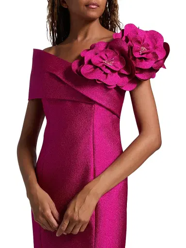 Teri Jon by Rickie Freeman Women's Flower Off-Shoulder Jacquard Gown - Berry - Size 10 | Thumbnail 6 Teri Jon by Rickie Freeman Women's Flower Off-Shoulder Jacquard Gown - Berry - Size 10 | Thumbnail 6