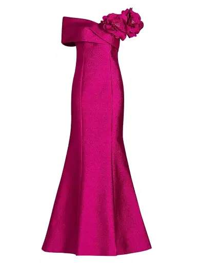 Teri Jon by Rickie Freeman Women's Flower Off-Shoulder Jacquard Gown - Berry - Size 10 | Thumbnail 1 Teri Jon by Rickie Freeman Women's Flower Off-Shoulder Jacquard Gown - Berry - Size 10 | Thumbnail 1