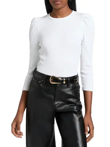 Veronica Beard Women's Britney Puff Shoulder Rib-Knit Top - White | Thumbnail 3