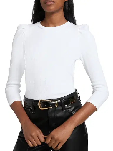 Veronica Beard Women's Britney Puff Shoulder Rib-Knit Top - White | Thumbnail 6