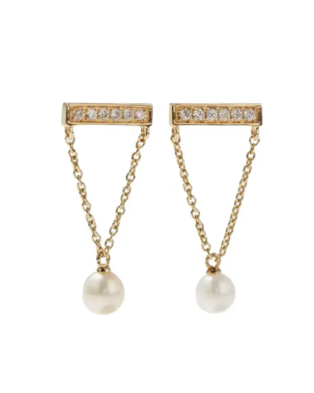 14k Diamond Bar & Pearl Earrings