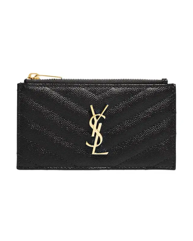 Saint Laurent YSL Monogram Small Ziptop Card Case in Grained Leather
