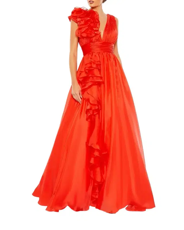 Mac Duggal Ruffle Deep V-Neck Chiffon Gown