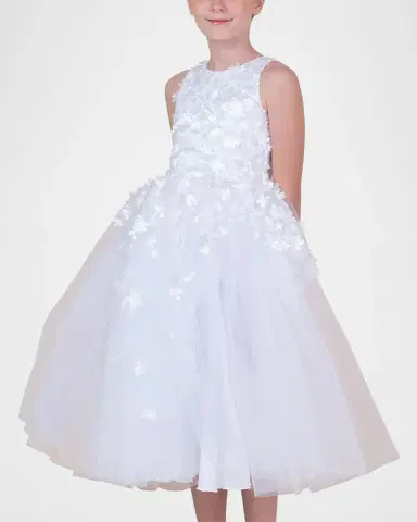 White Label by Zoe Girl's Lauren 3D Flower Embellished Tulle Dress, Size 2-12 | Thumbnail 4