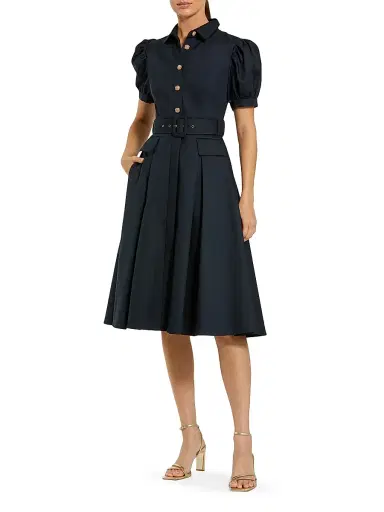 Mac Duggal Women's Cocktail Twill Belted Midi-Dress - Midnight - Size 16 | Thumbnail 1
