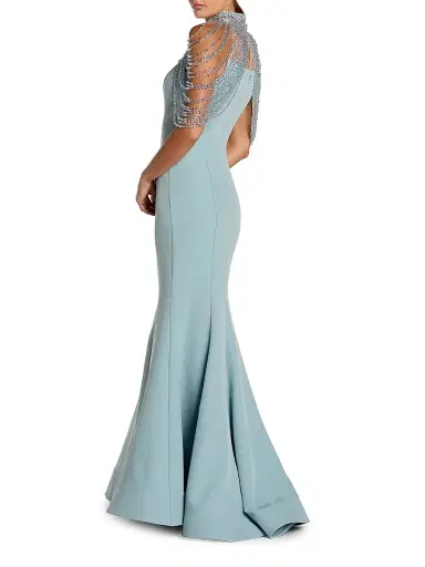 Mac Duggal Women's Beaded Capelet Crepe Mermaid Gown - French Blue - Size 12 | Thumbnail 2