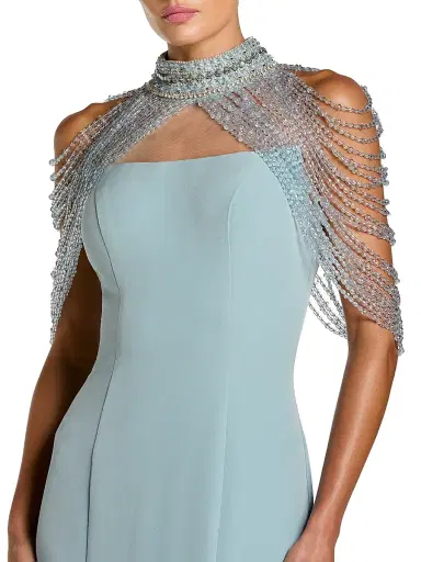 Mac Duggal Women's Beaded Capelet Crepe Mermaid Gown - French Blue - Size 12 | Thumbnail 3