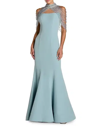 Mac Duggal Women's Beaded Capelet Crepe Mermaid Gown - French Blue - Size 12 | Thumbnail 1