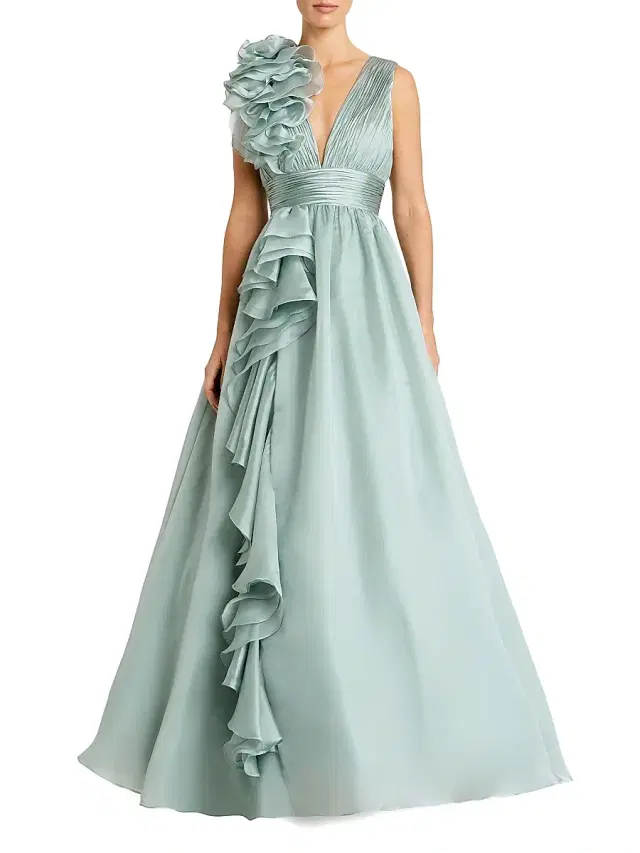 Women's Ruffle Shoulder V-Neck Gown - Mint
