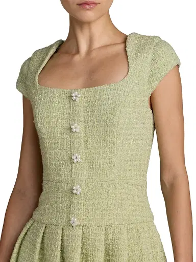 Mac Duggal Women's Bouclé Pleated Square-Neck Minidress - Sage - Size 12 | Thumbnail 3