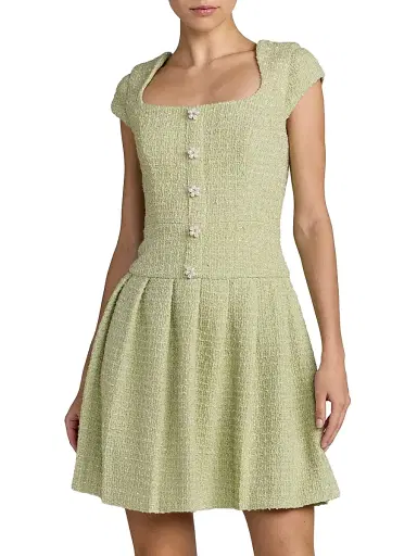 Mac Duggal Women's Bouclé Pleated Square-Neck Minidress - Sage - Size 12 | Thumbnail 1