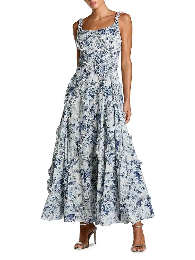 Women's Ruffle Floral Sweetheart Maxi Dress - Blue Multi
