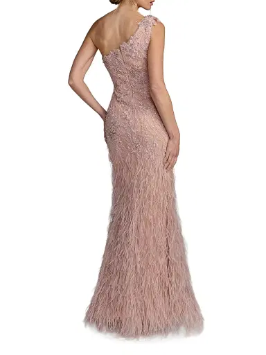 Mac Duggal Women's Embellished Lace One-Shoulder Feather Gown - Vintage Lilac - Size 0 | Thumbnail 2