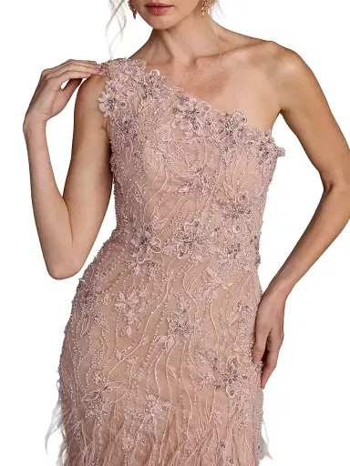 Mac Duggal Women's Embellished Lace One-Shoulder Feather Gown - Vintage Lilac - Size 0 | Thumbnail 3