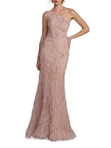 Mac Duggal Women's Embellished Lace One-Shoulder Feather Gown - Vintage Lilac - Size 0 | Thumbnail 1