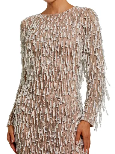 Mac Duggal Women's Pearl Fringe Mesh Midi-Dress - Ivory Beige - Size 14 | Thumbnail 3
