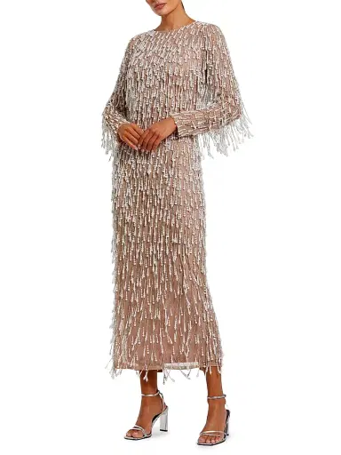 Mac Duggal Women's Pearl Fringe Mesh Midi-Dress - Ivory Beige - Size 14 | Thumbnail 1
